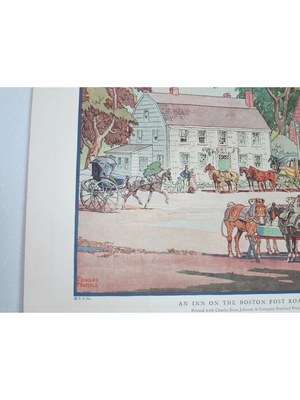 Antique Edward Penfield Color Litho Art Print 9 x 12 INN ON THE BOSTON POST 1804